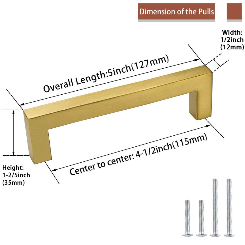 goldenwarm Kitchen Cabinet Handle Brushed Brass Drawer Pull Handles for Cabinets - LSJ12GD115 Square Bar Pulls Antique Brass Bathroom Cabinet Hardware Modern Knobs for Dresser Drawers - Image 2